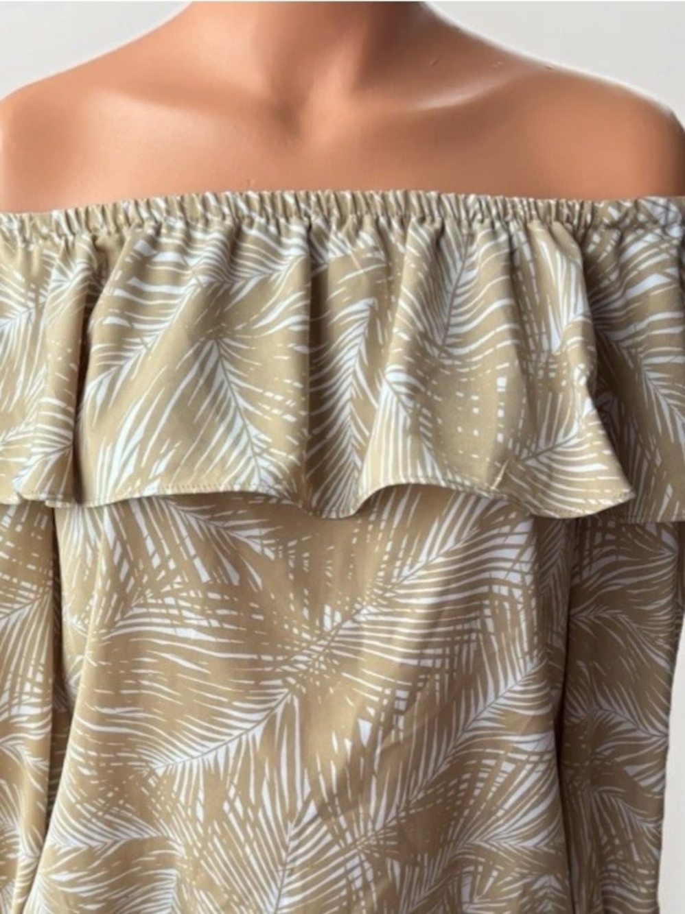 Michael Kors Tan and White Off-Shoulder Ruffle Palm-Print Blouse